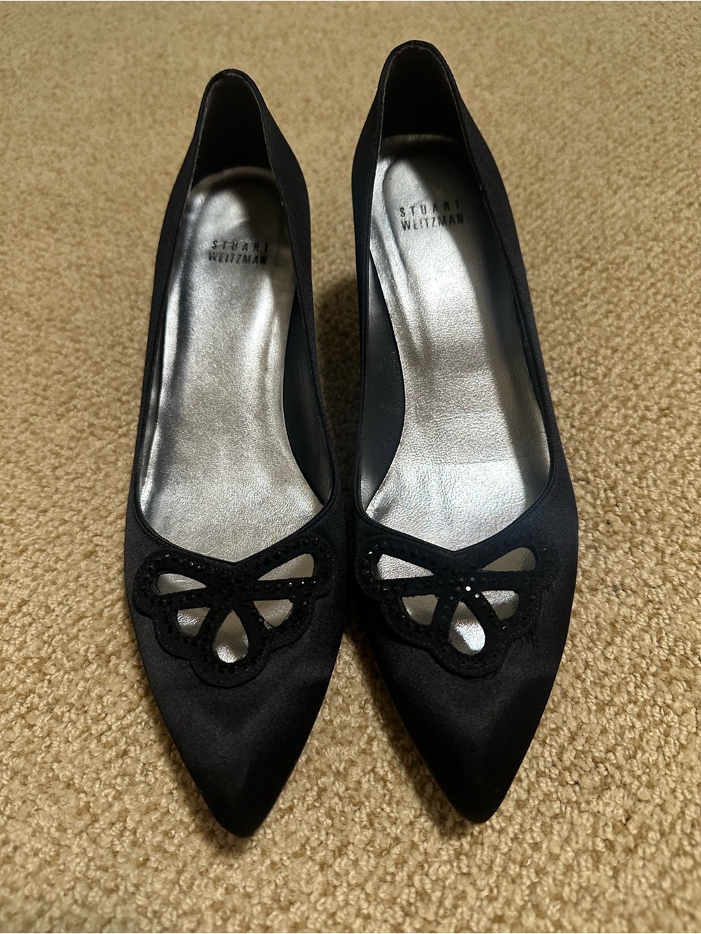 Stuart Weitzman Black Satin Pointed Toe Pumps with Cutout Detail